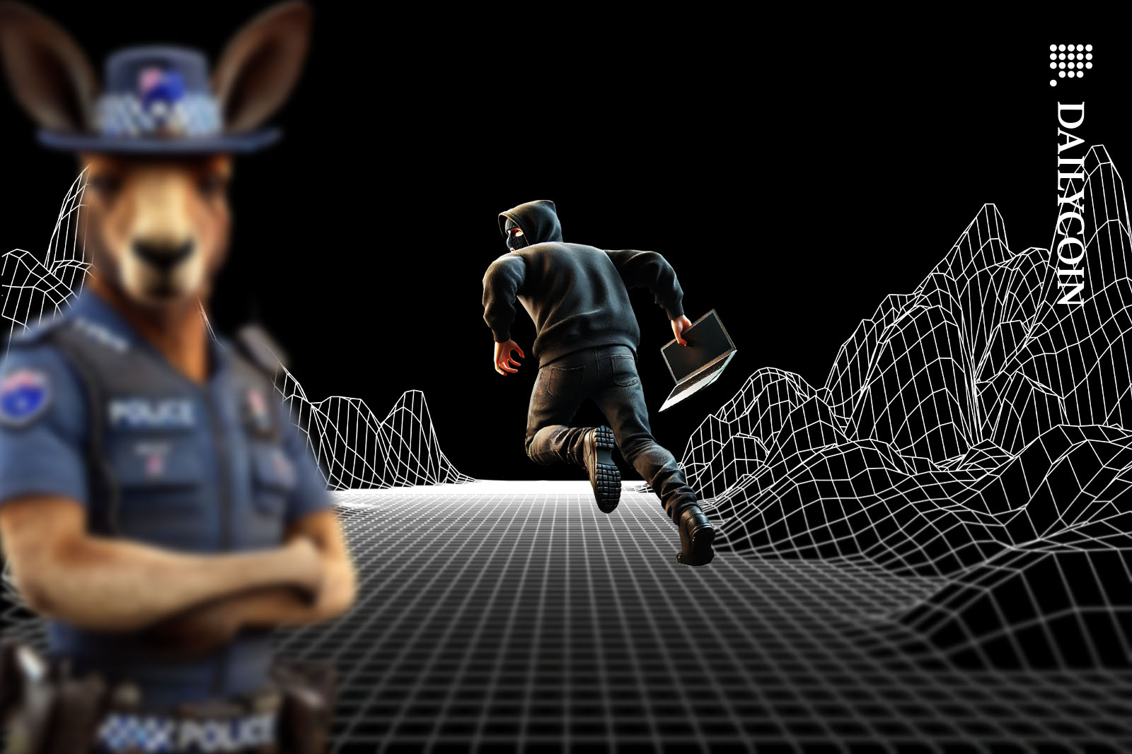 Scammer running away from a kangaroo police officer in a wireframe landscape.