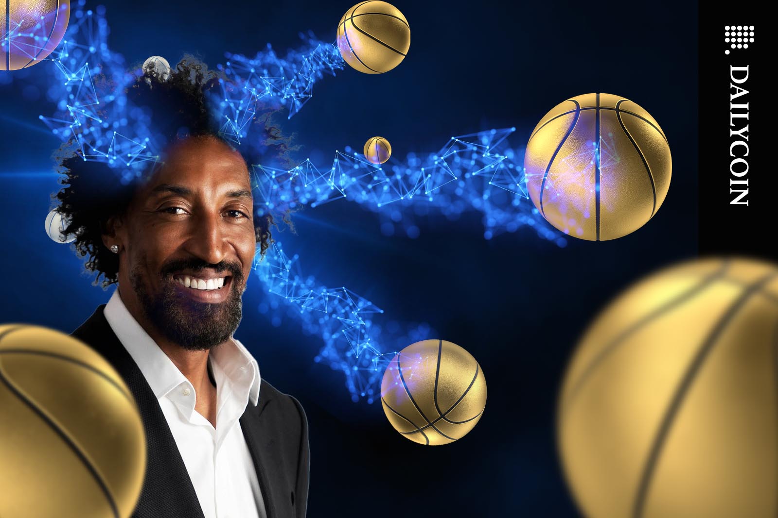 Scottie Pippen with golden basketballs coming out of his hair.
