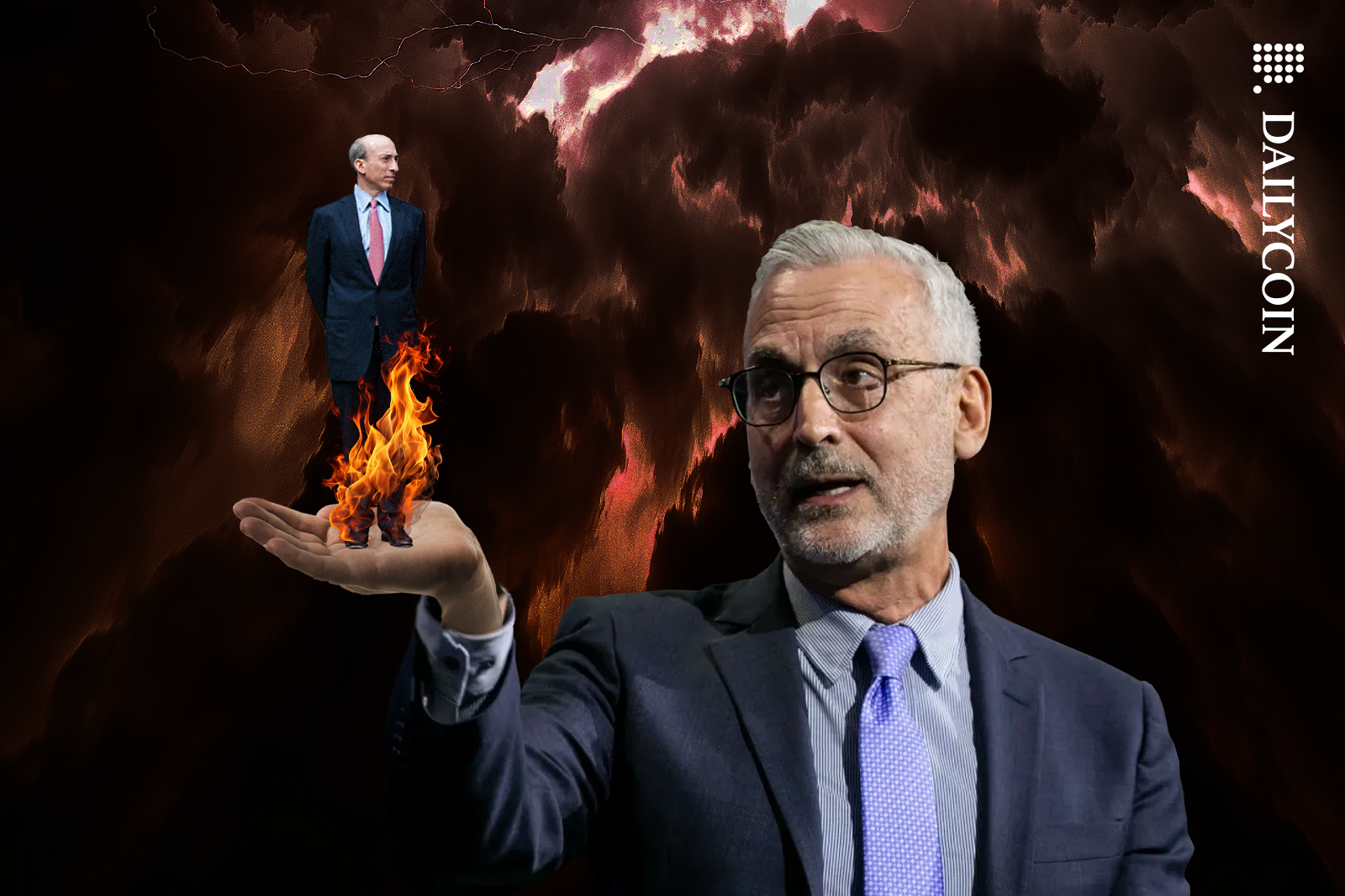 Stuart Alderoty holding a miniature Gary Gensler on fire on the palm of his hand.