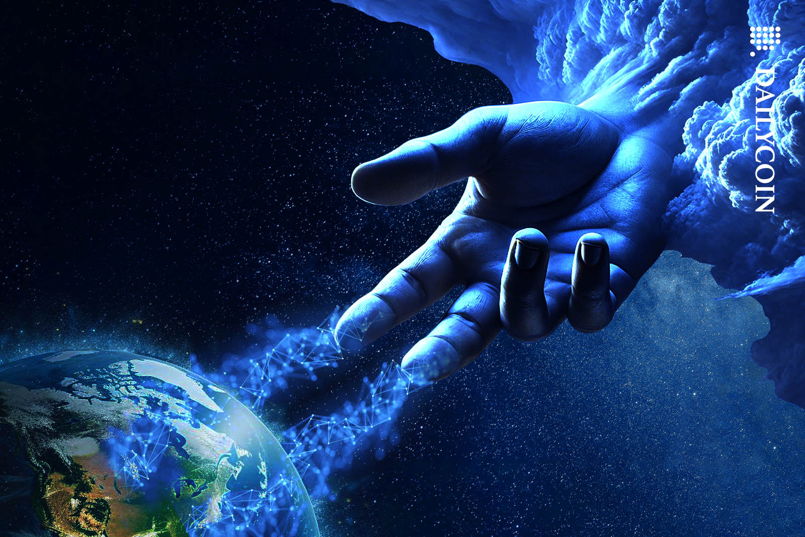 A huge divine hand reaching down from space to charge the Earth with blockchain.