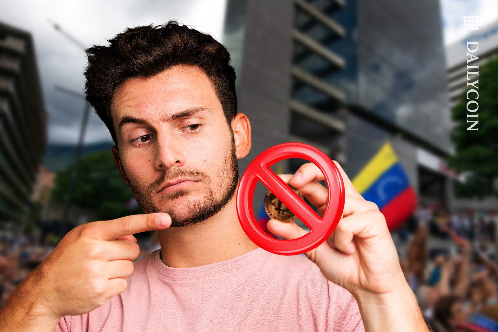 Man showing a bitcoin ban whilst on the streets of Venezuela.