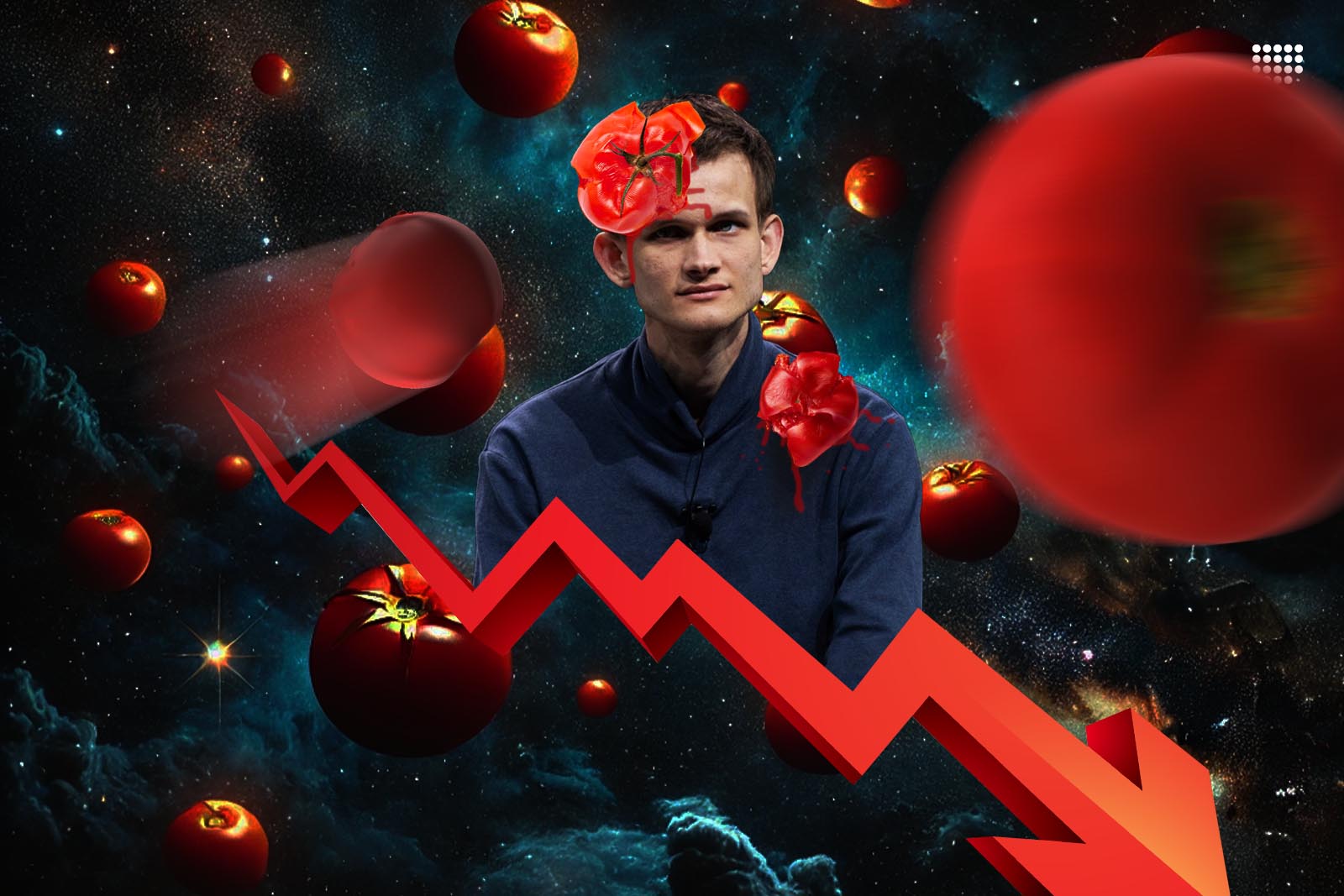 Vitalik Buterin being attacked with tomatoes.