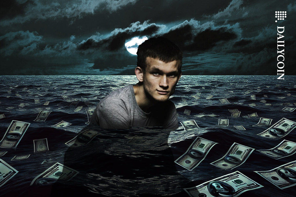 Vitalik Buterin emerging from a sea of money at night.