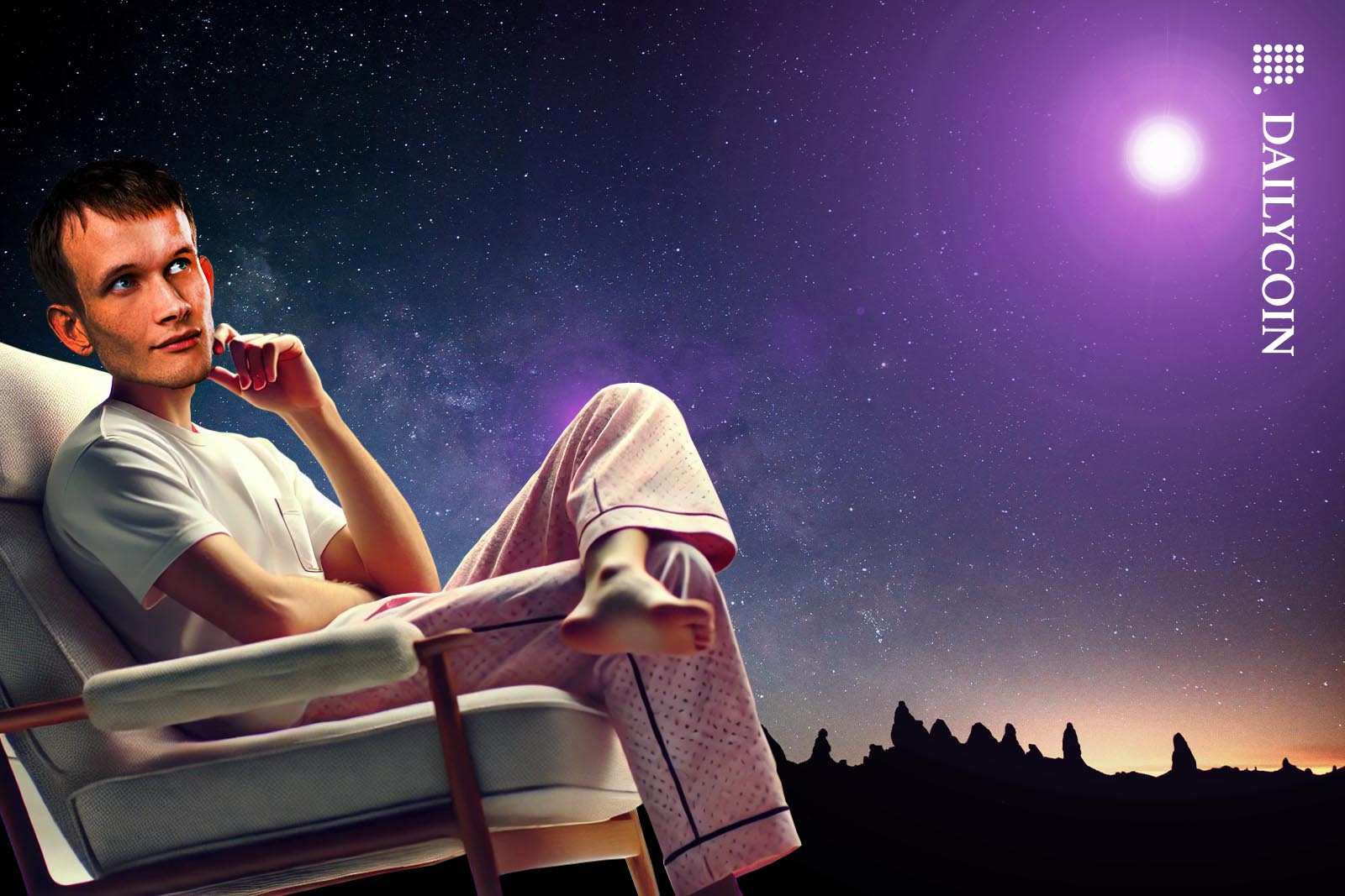 Vitalik Buterin thinking hard in an armchair looking at the night sky.