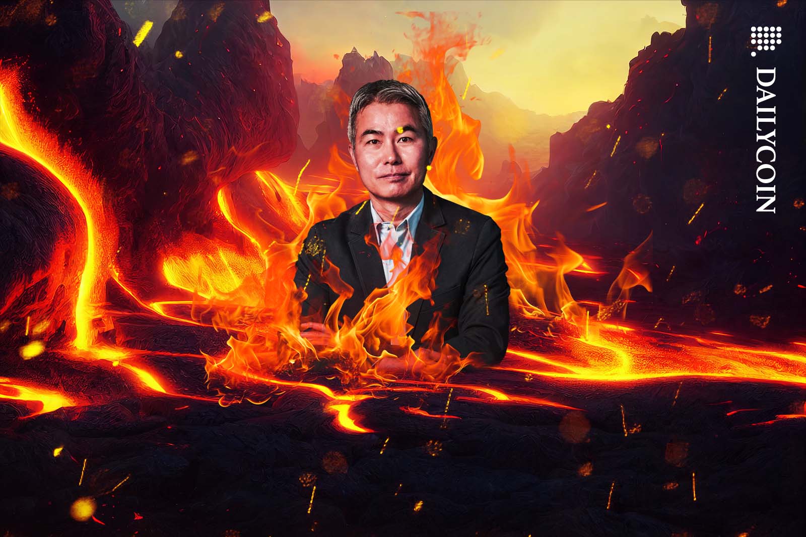 Former Wemade CEO Henry Chang in lava, surrounded by fire.