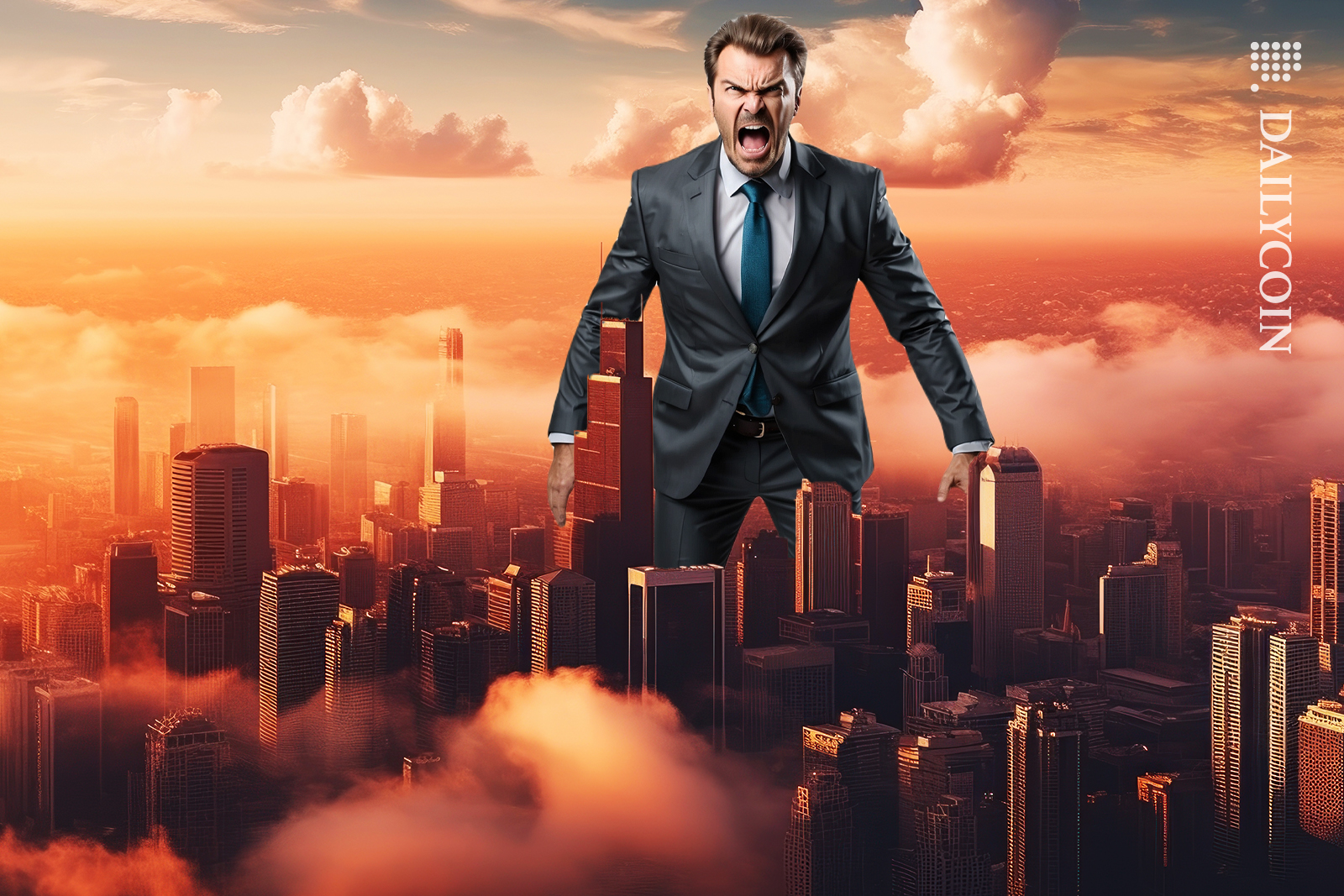 Angry Pi Network holder appearing from a dreamy city sky line.