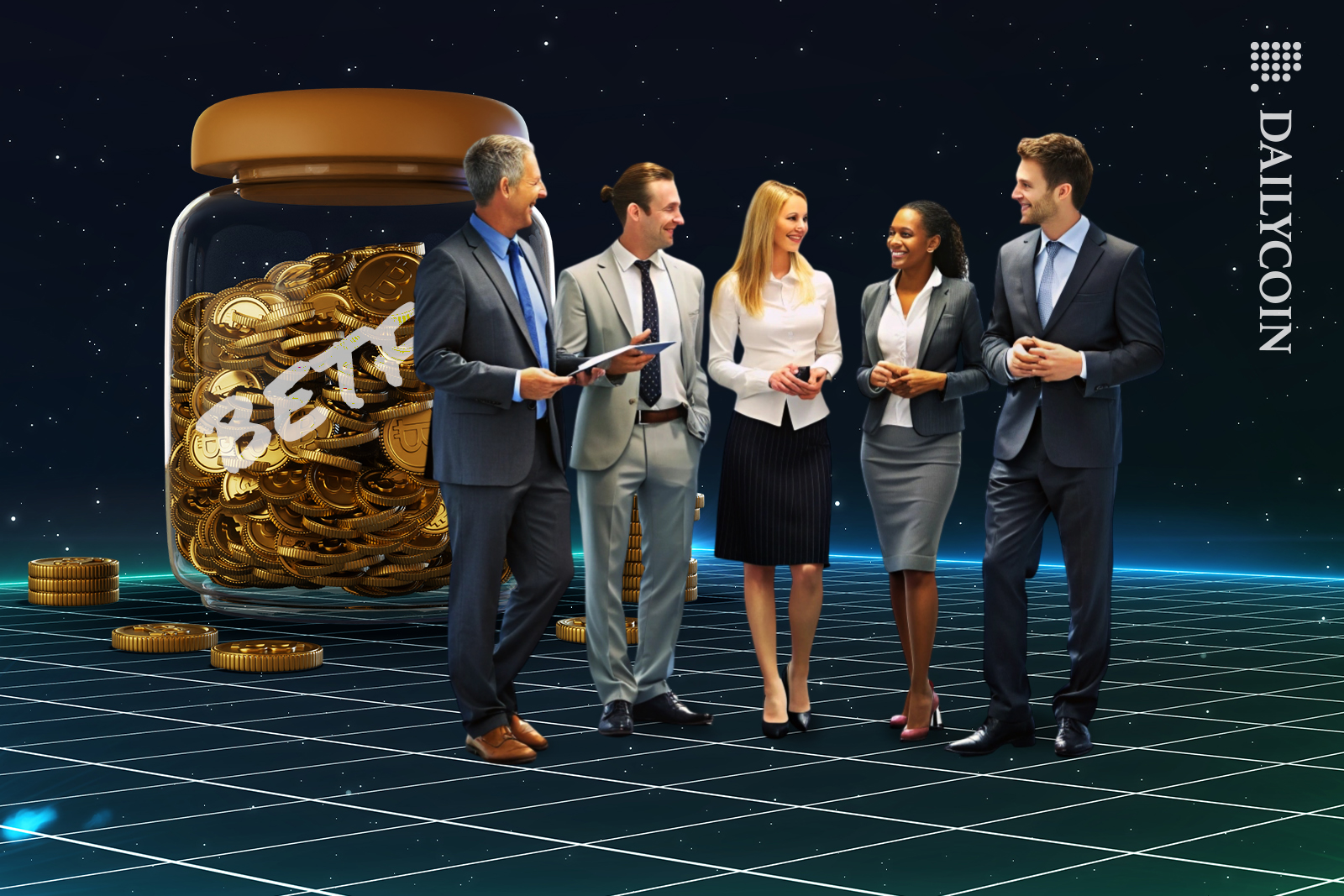 Group of professionals gathered around BETF jar happy.