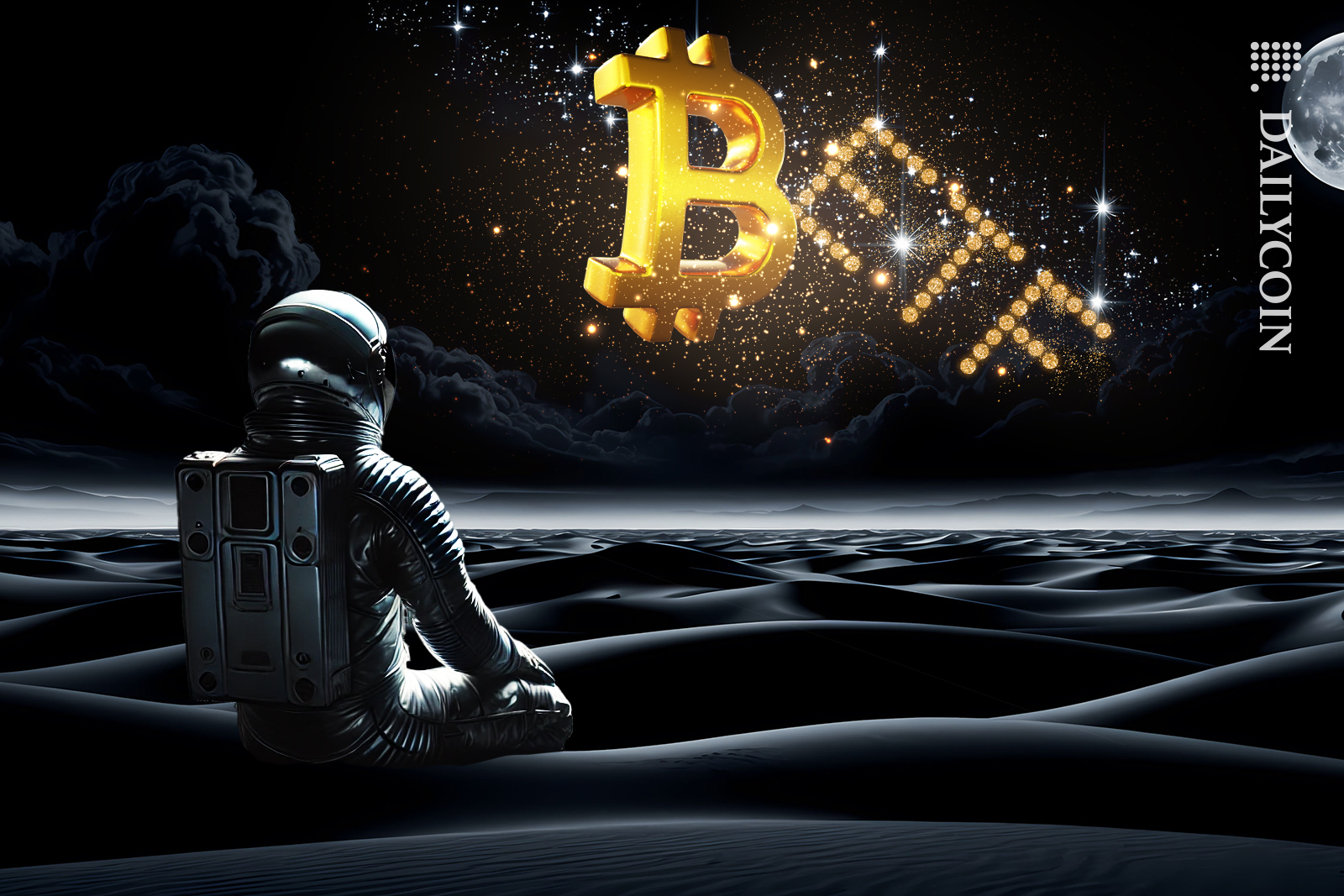 Spaceman stargazing, seeing Bitcoin ETF sparkle in the sky.