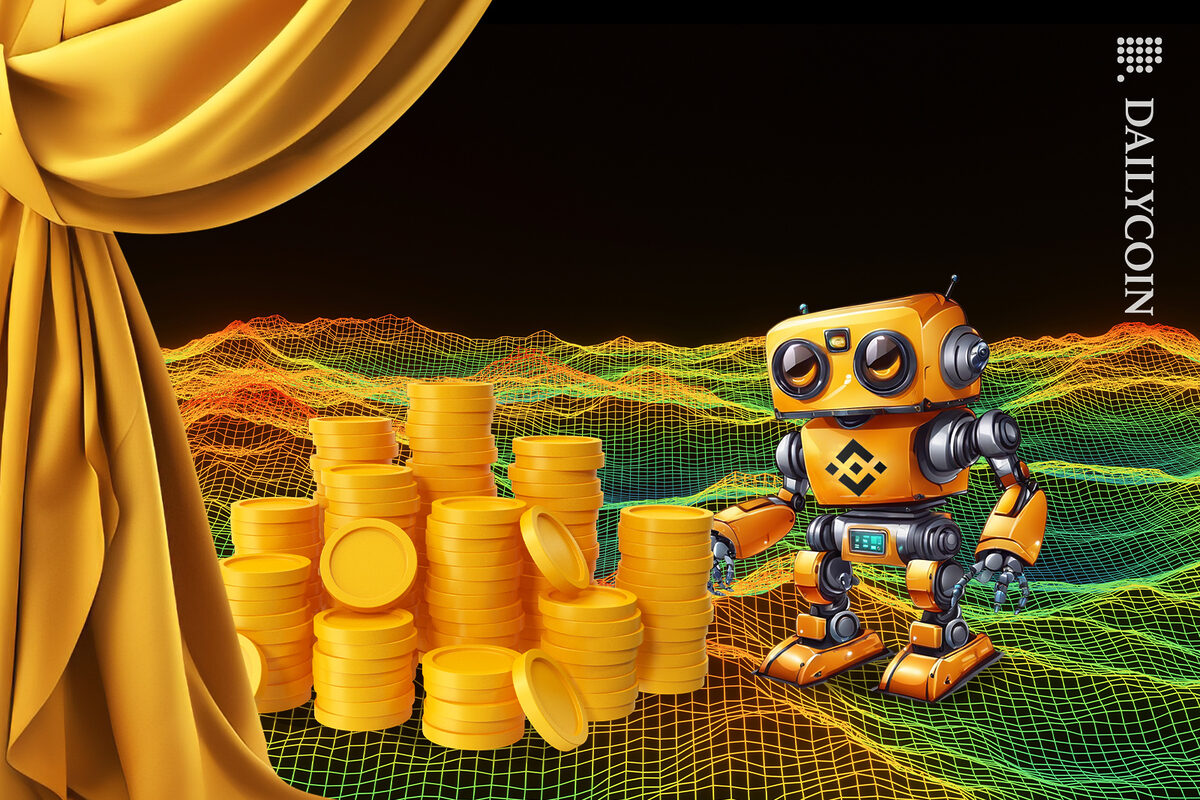 Curtain revealing a Binance robot with a pile of coins.