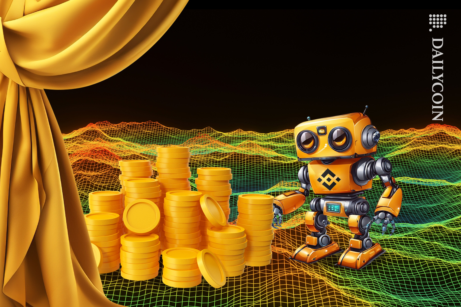 Curtain revealing a Binance robot with a pile of coins.