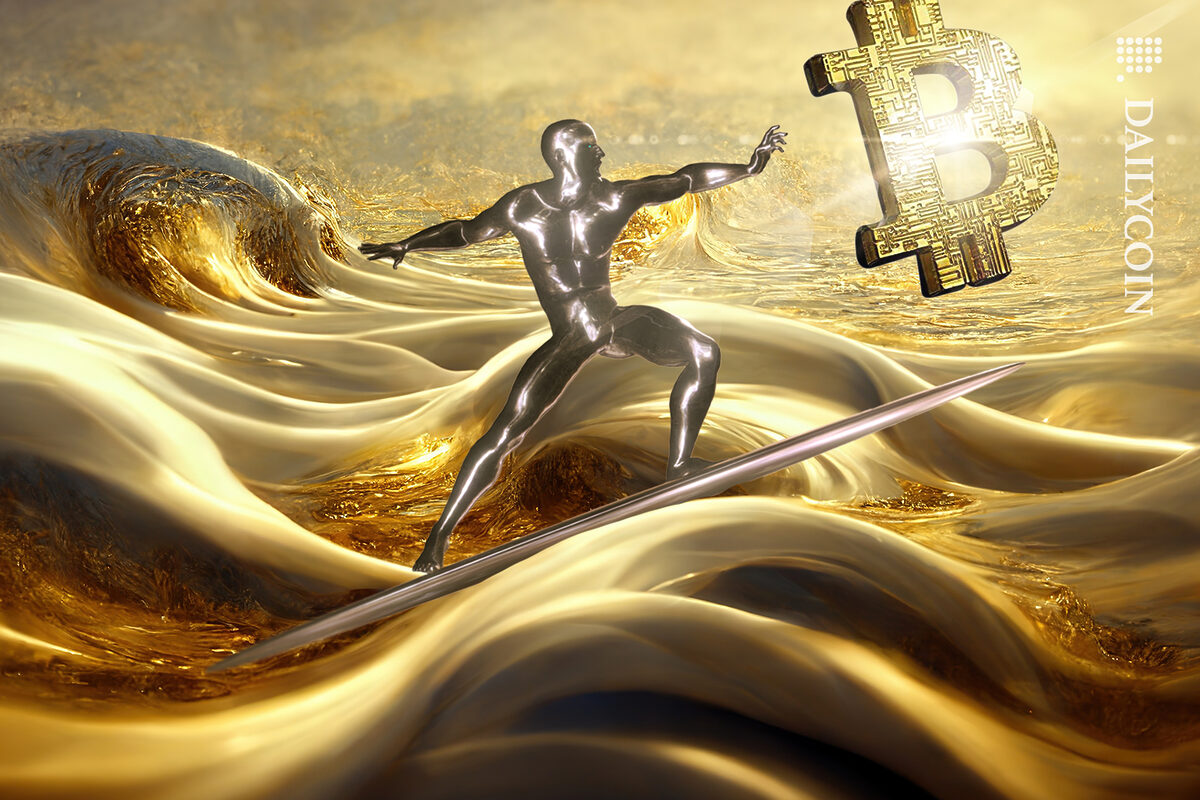 Glowing metallic digital man trying to catch bitcoin on the golden wave.