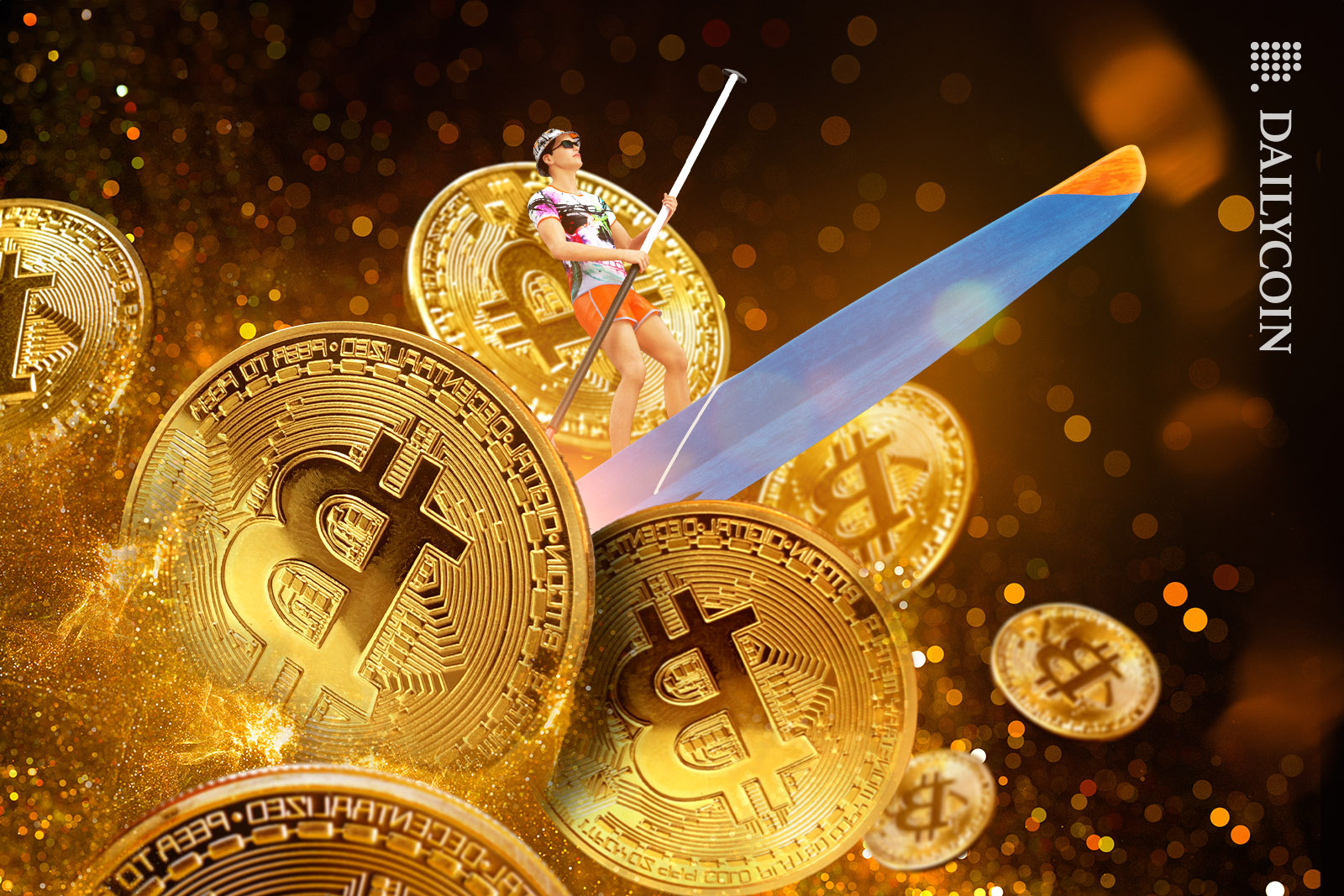 Guy on a kayak surfing through bitcoins.
