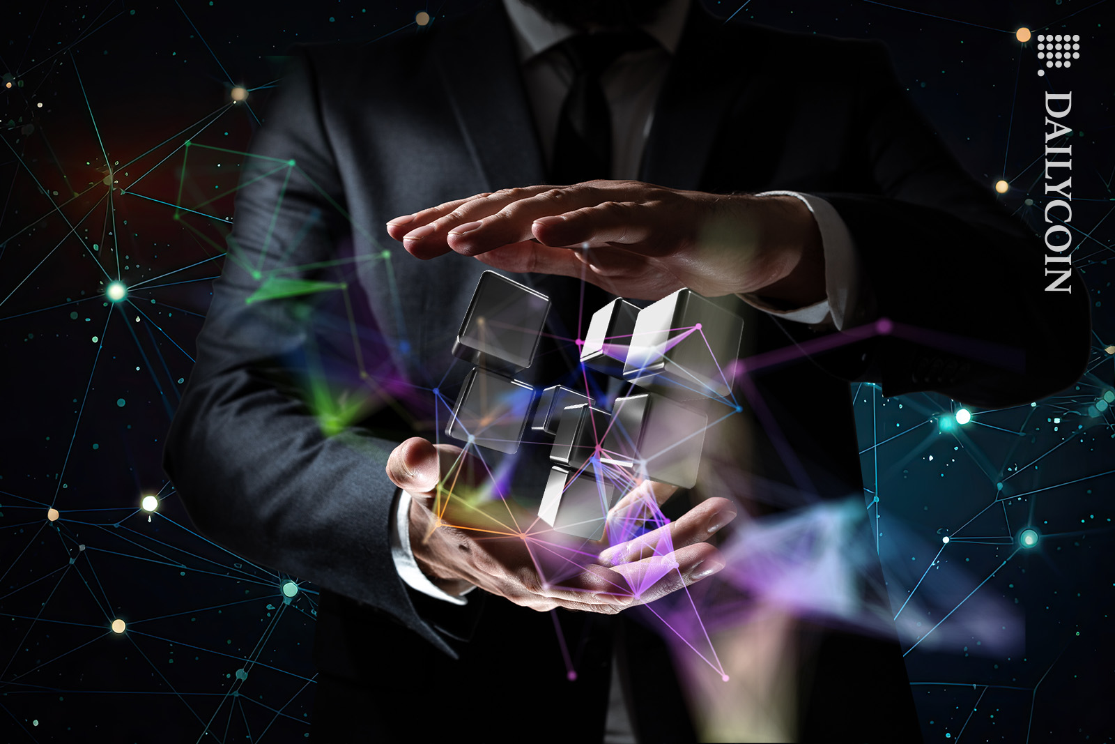 Man holding blockchain between two hands with DeFi particles in the background.