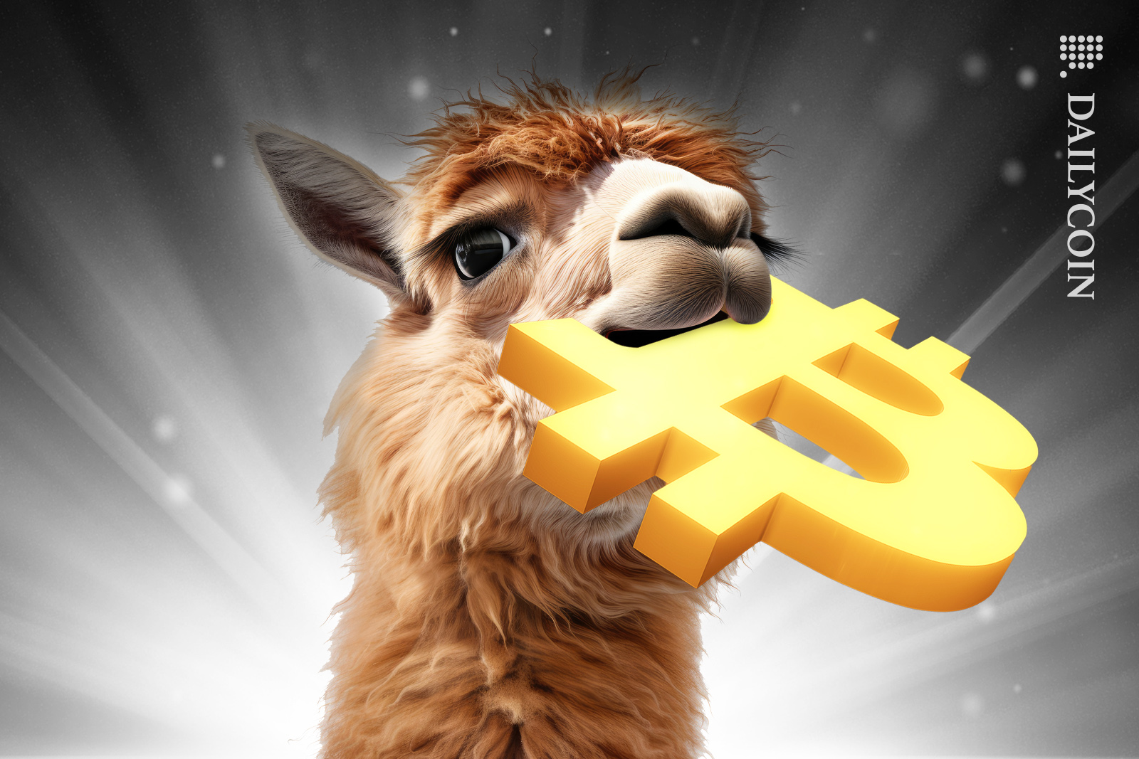 Alpacas beaming holding a Bitcoin in its mouth.
