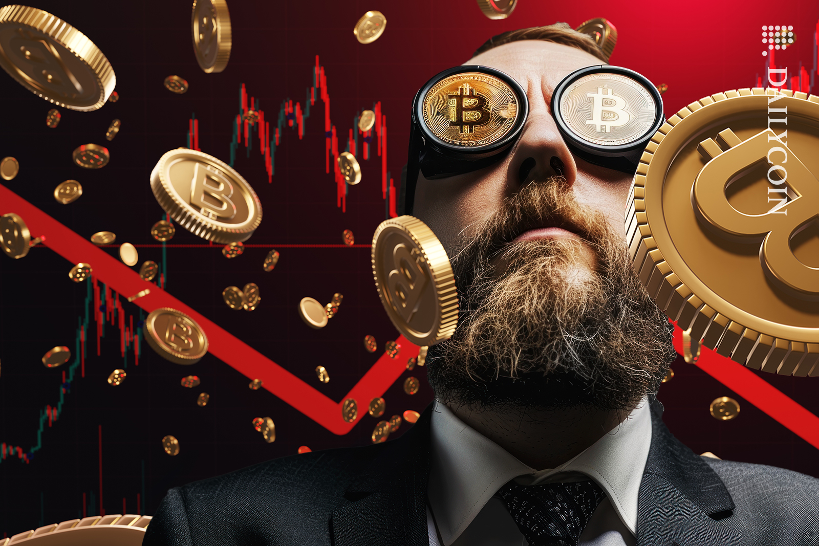 Man looking at bitcoins falling down and the chart turns red.