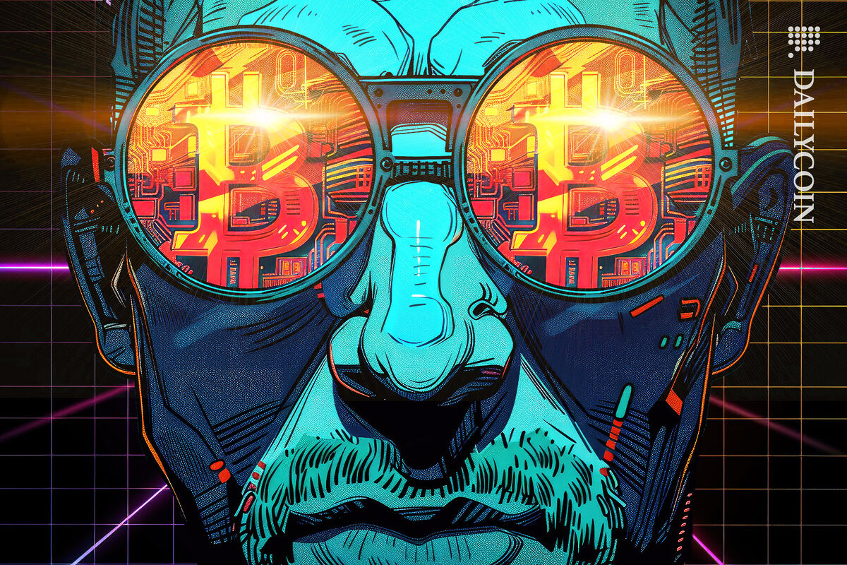 Futuristic guy with bitcoin glasses on in digital space.