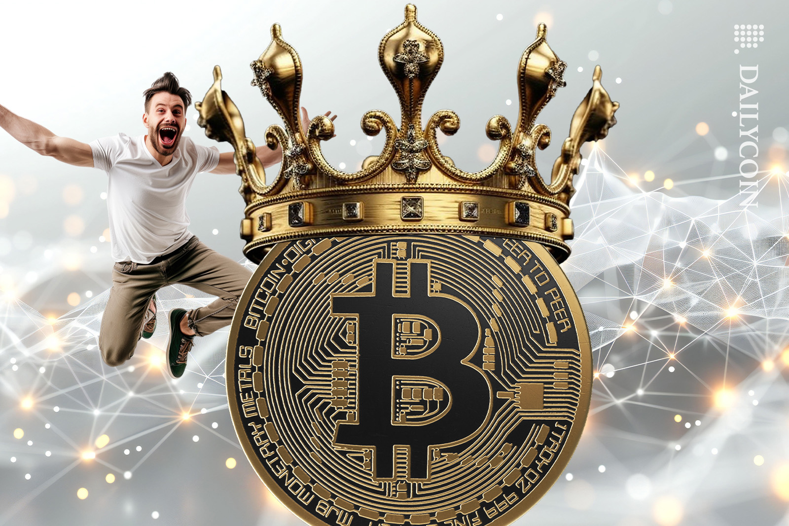 Bitcoin with a crown in a gold defi space, a man is jumping in celebration.