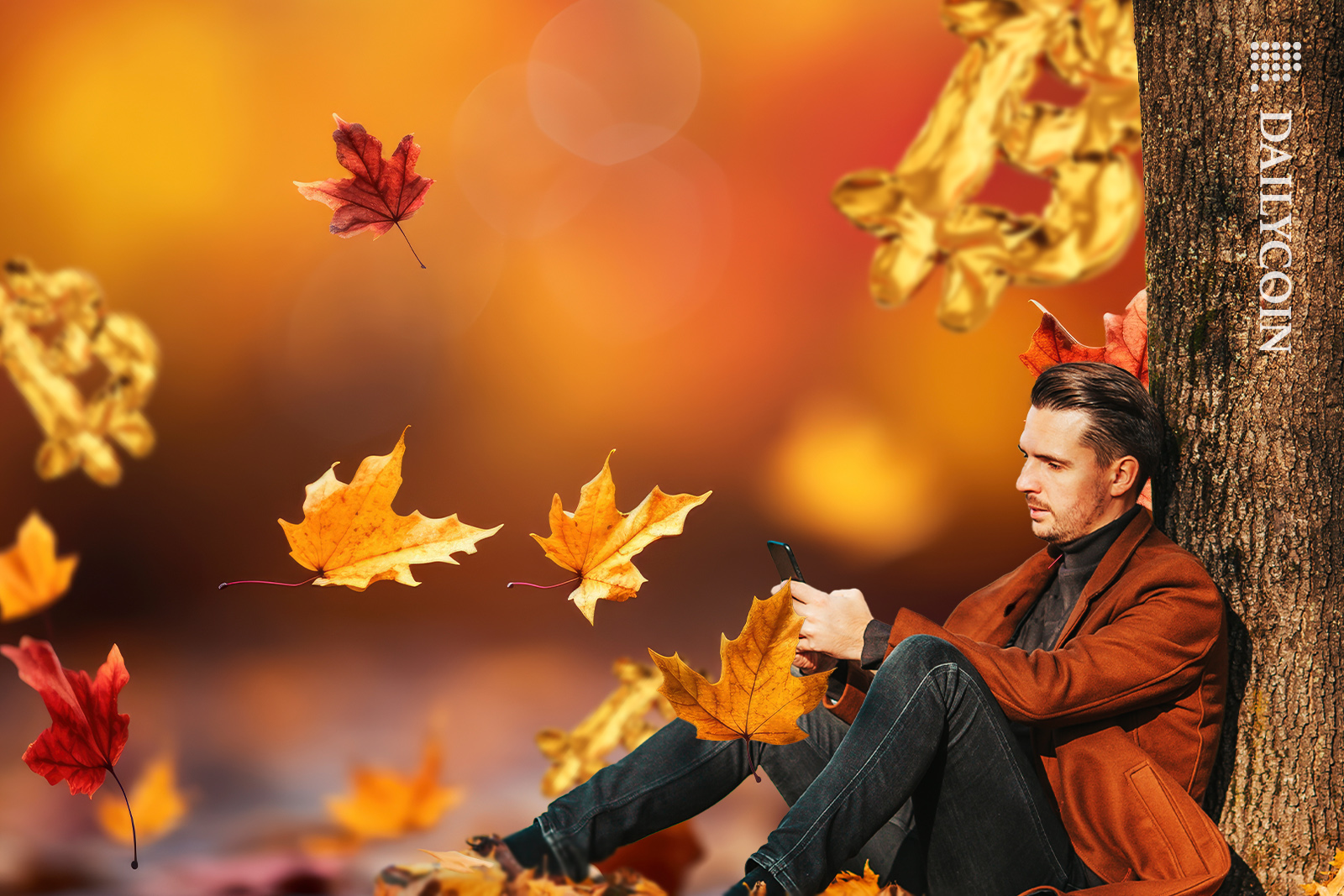 Guy sitting under the tree on his phone, its is autumn- leaves are falling and so is deflated bitcoin.
