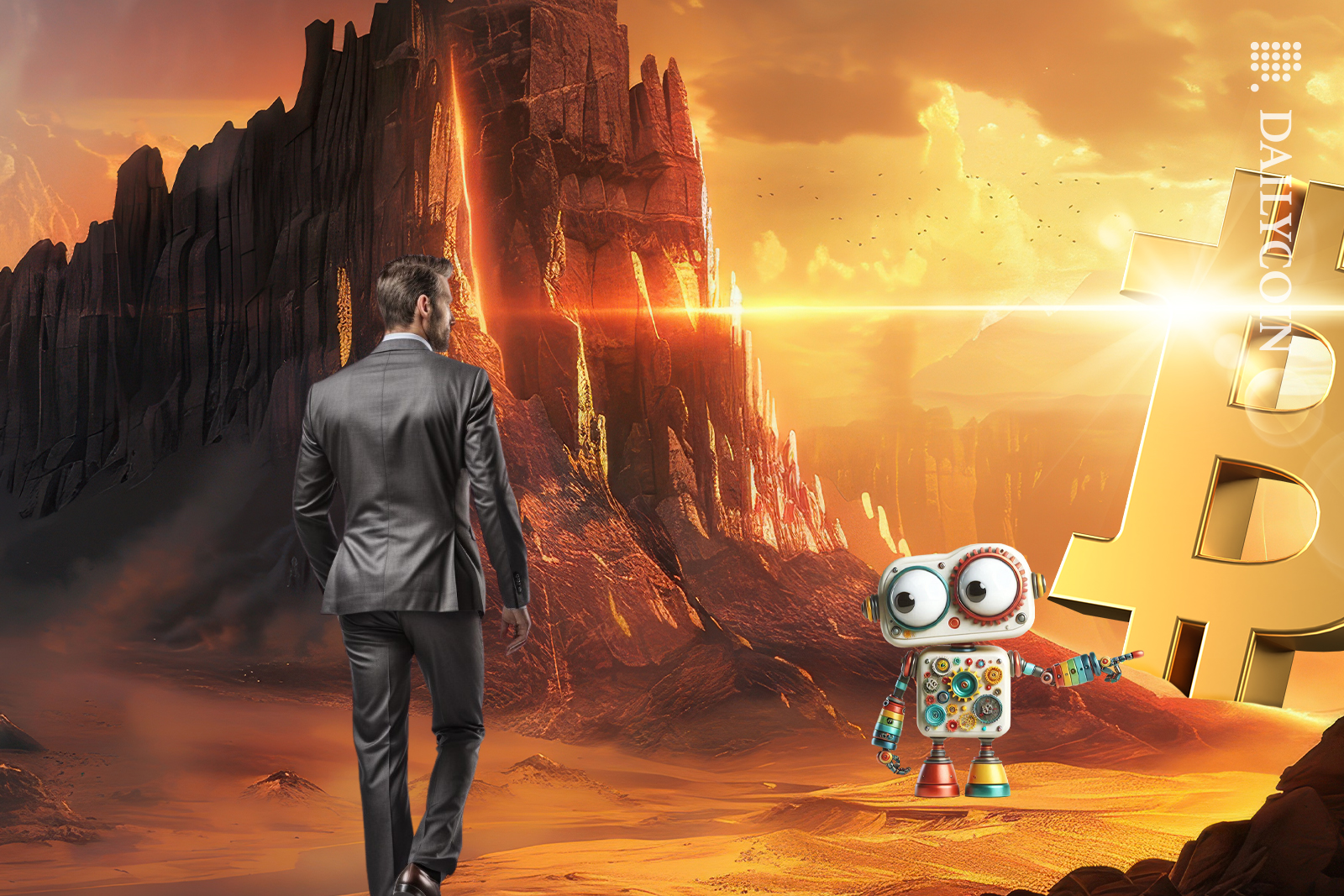 Little robot showing a businessman the way to bitcoin.