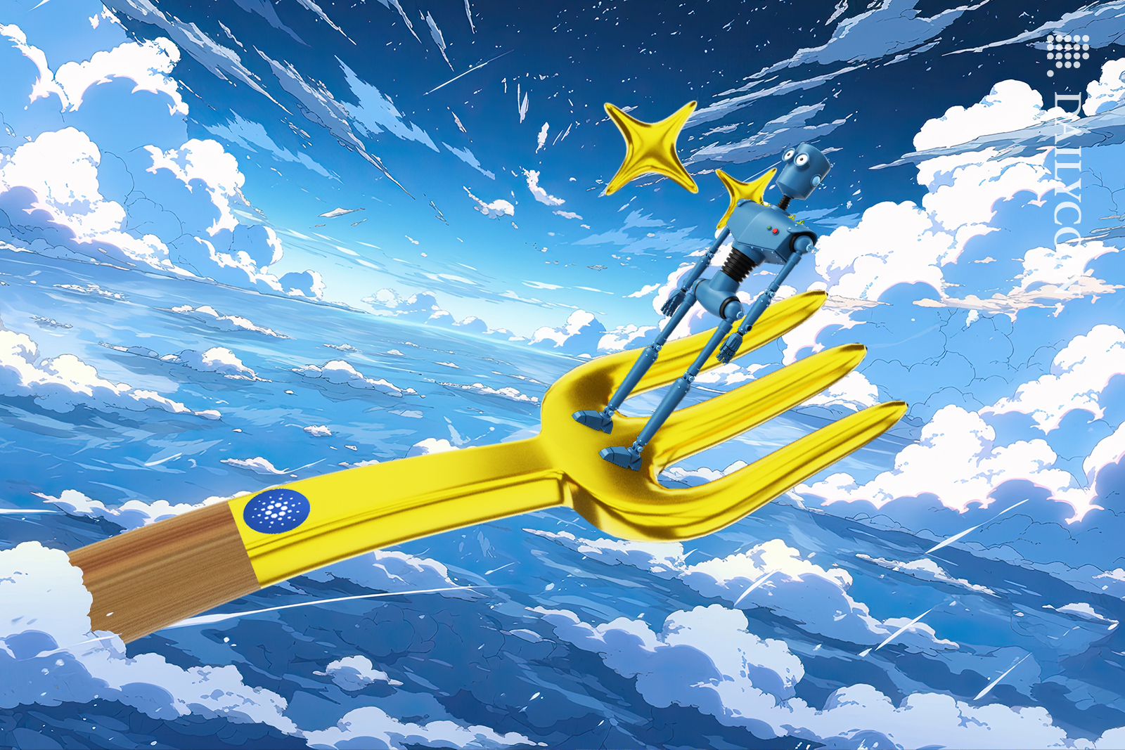 Robot just above the clouds standing calm on a cardano hard fork.