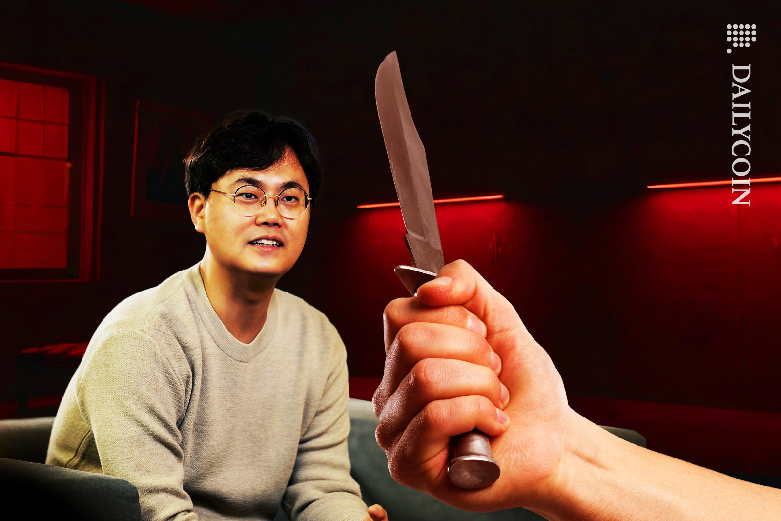 Hugo Hyungsoo Lee the CEO of Haru Invest is looking at a knife in a red lit room.