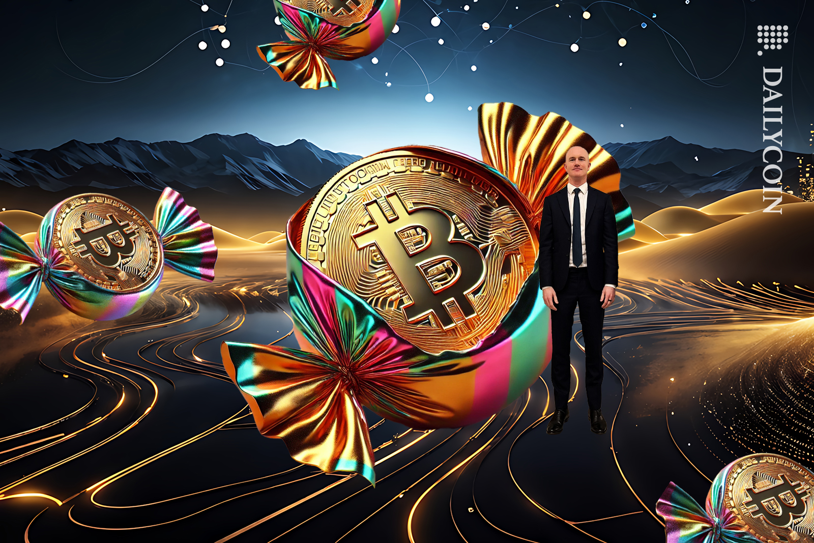 Brian Armstrong standing next to wrapped bitcoin candies falling on a digital land.