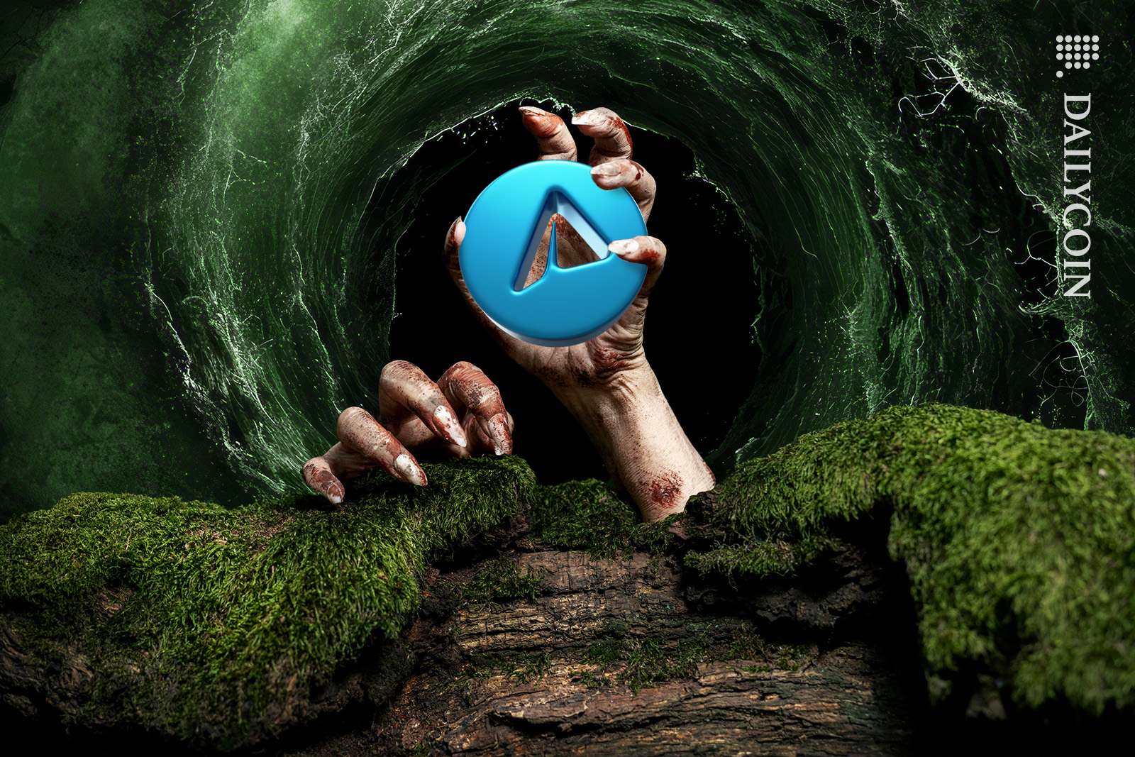 Scary hand holding the telegram logo, and there's a wave and a black hole in the background.
