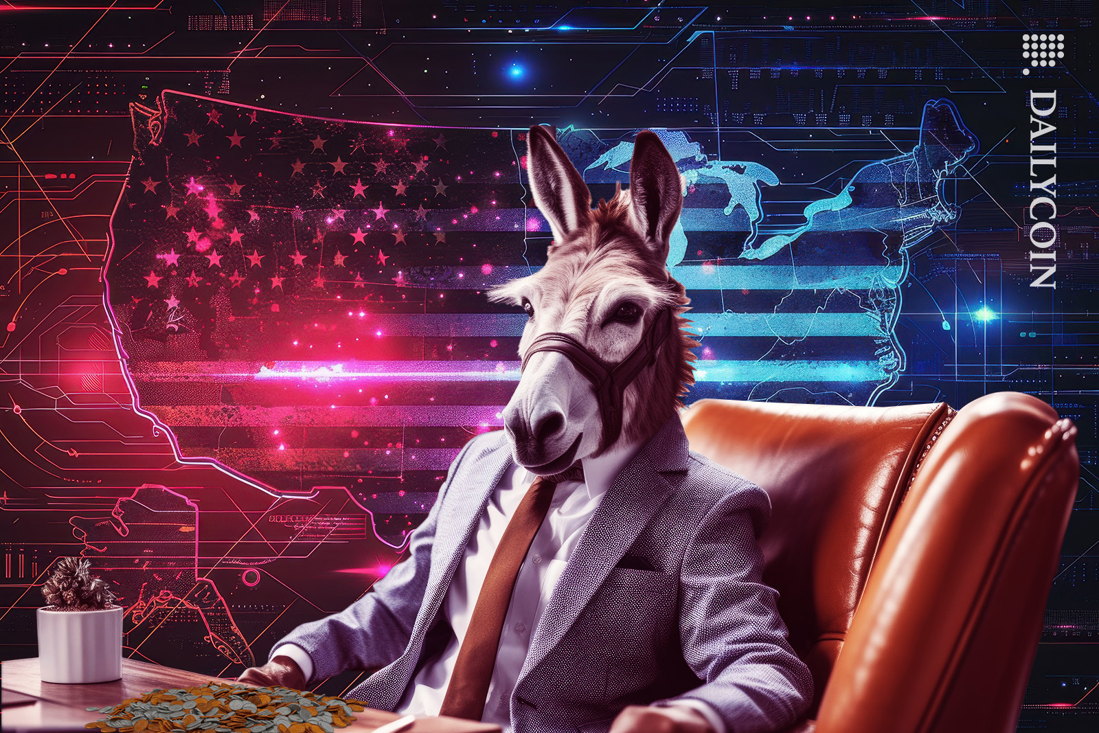 Democratic Donkey sitting at a desk discussing Americas digital currency future.