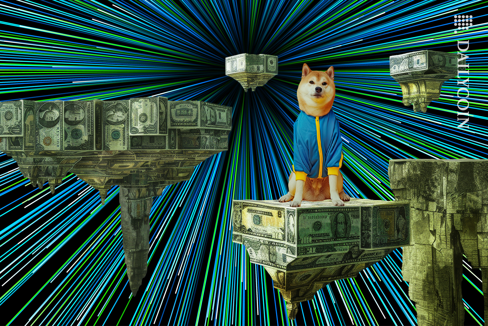 Doge sitting on imaginary dollar pillar, traveling through a portal.