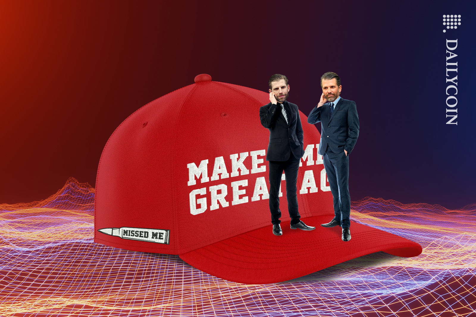 Donald Trump Jr. and Eric Trump standing on their dads promotional campaign hat ''Make America great again.'' on a digital landscape.