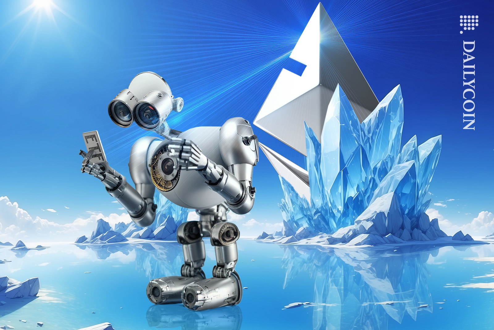 Robot on a beautiful land holding a piece of ETH, ETF.