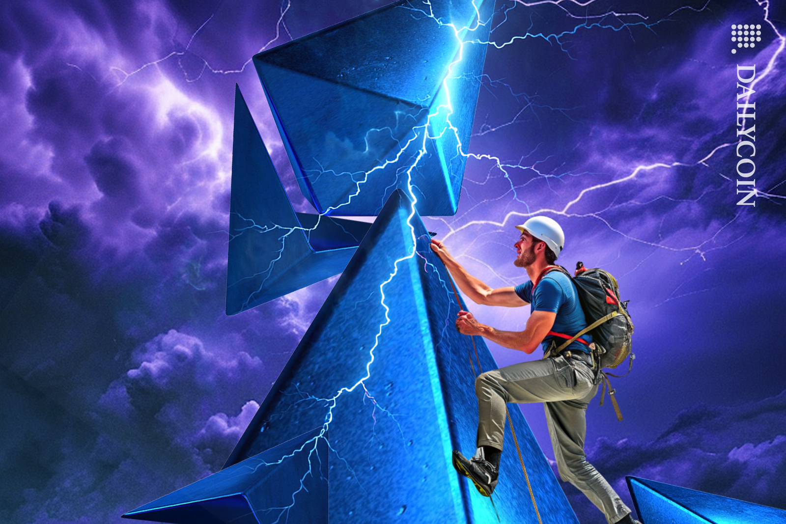 Guy trying to climb the Ethereum ladder in a big storm.