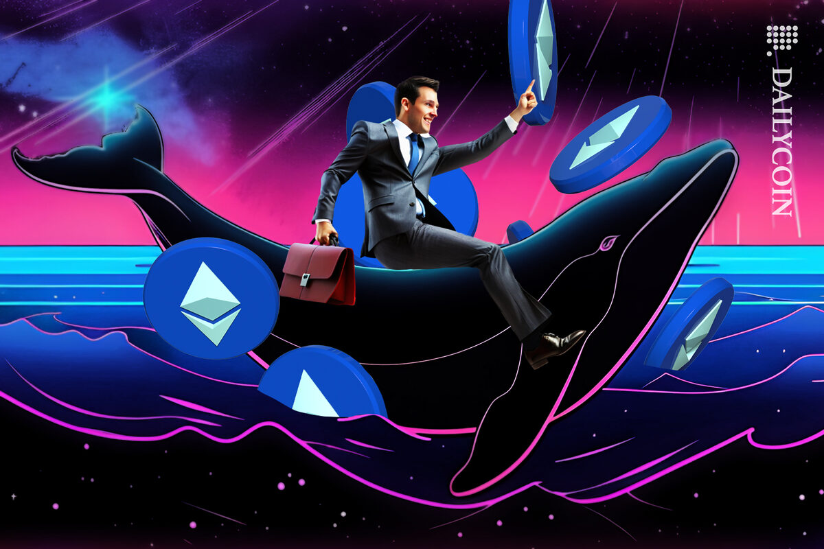 Business man on a whale making a splash of ETH coins.