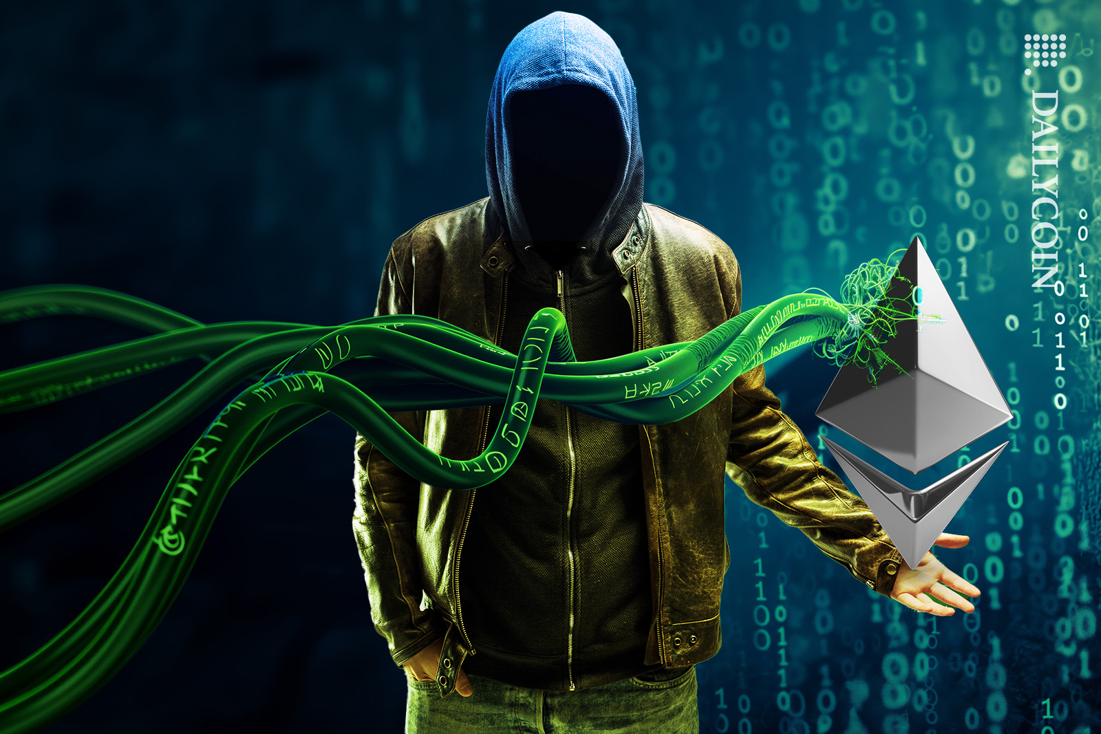 Hacker unplugging the code to take advantage of Ethereum.