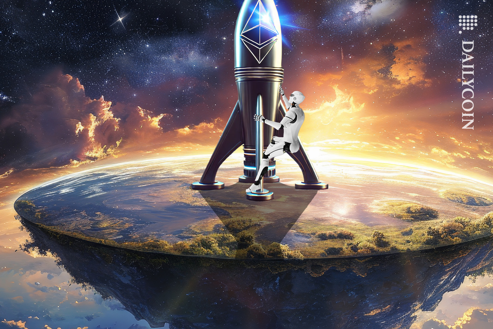 Robot preparing the Ethereum rocket, ready for launch.