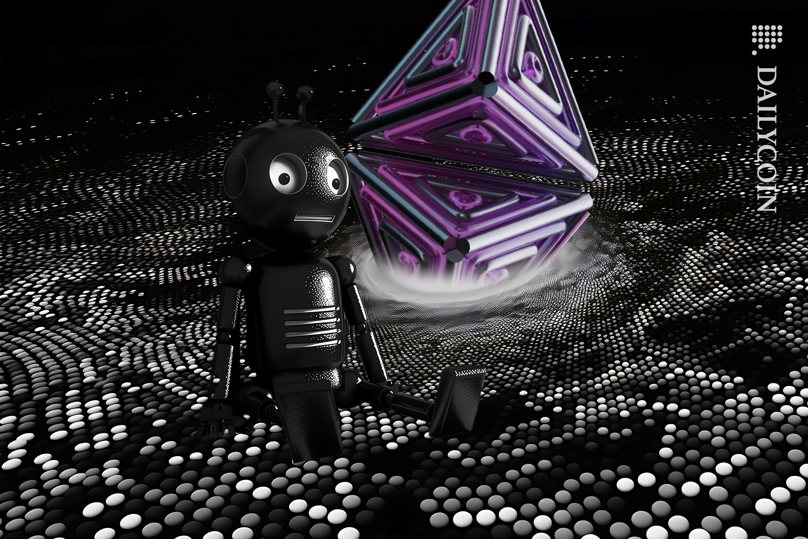 Robot sitting in a dark land doesn't know what to do with Ethereum as its sinking into the ground.