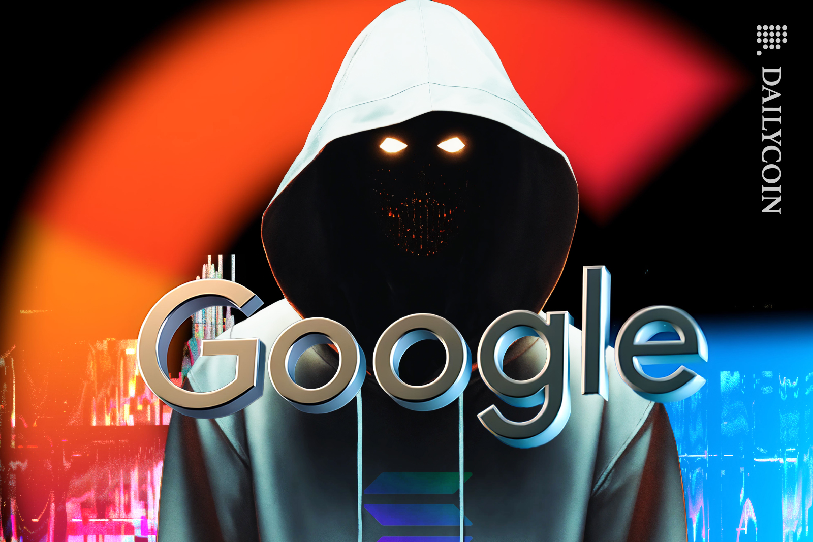 Masked hacker guy with a Solana hoodie up close to Google.