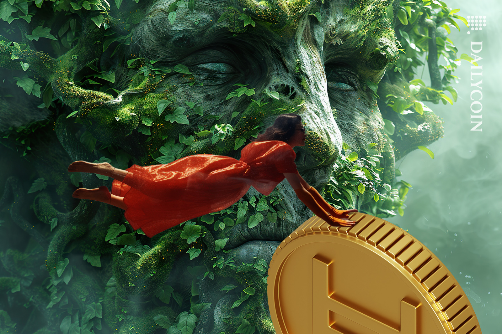 Mans face made up with hedera plants as a woman floats in the air rolling in a Hedera coin.