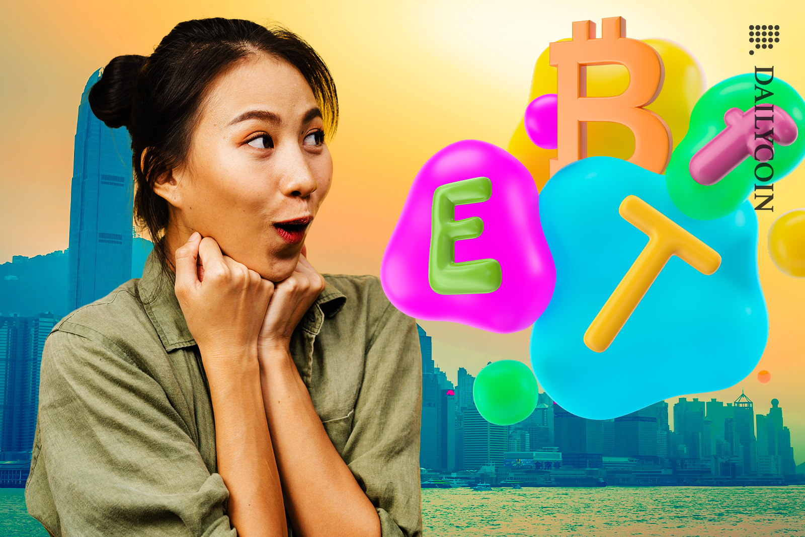 Girl in Hong Kong seeing colourful Bitcoin ETF display.