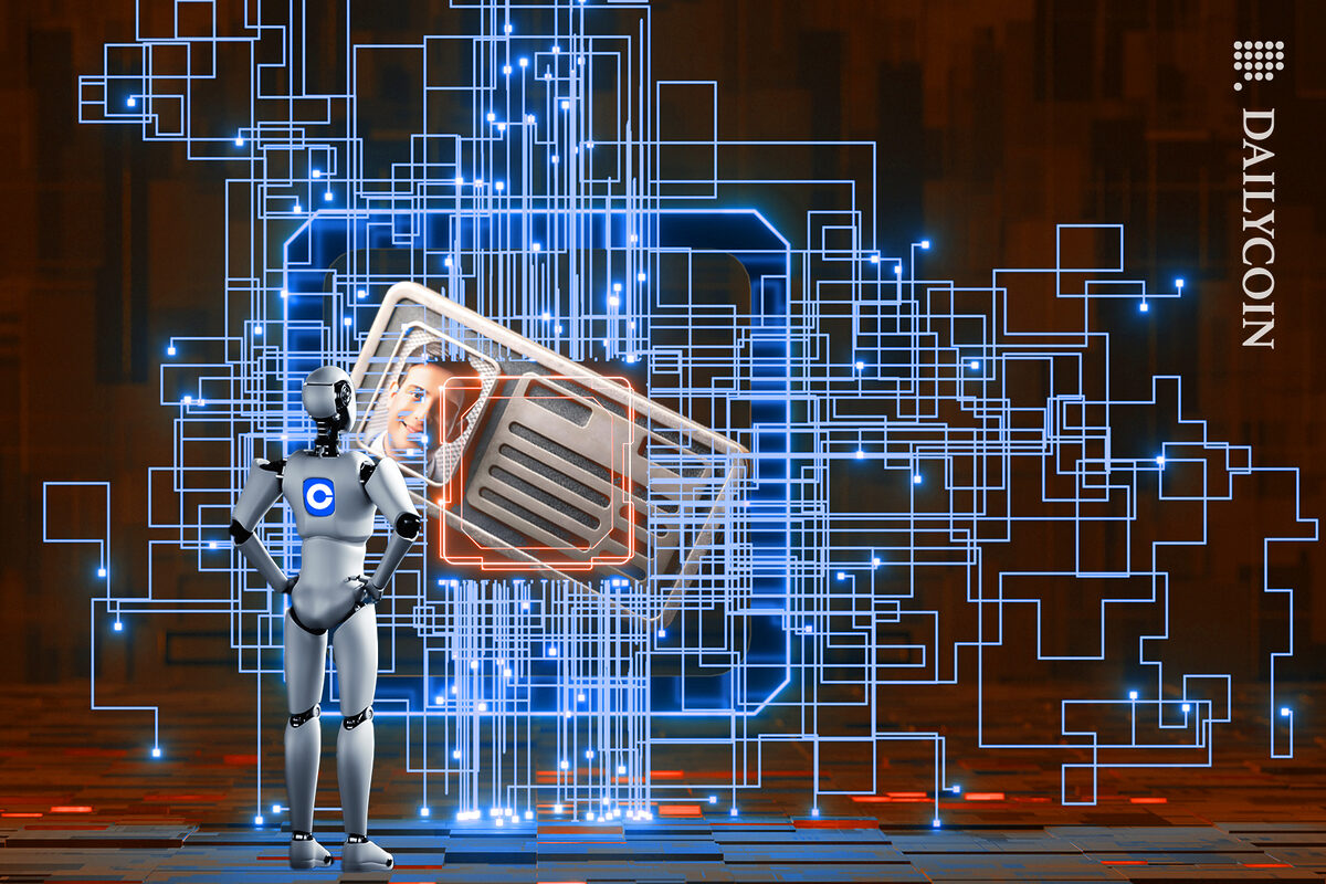 Coinbase robot looking at the new digital blueprint for the ID tool.