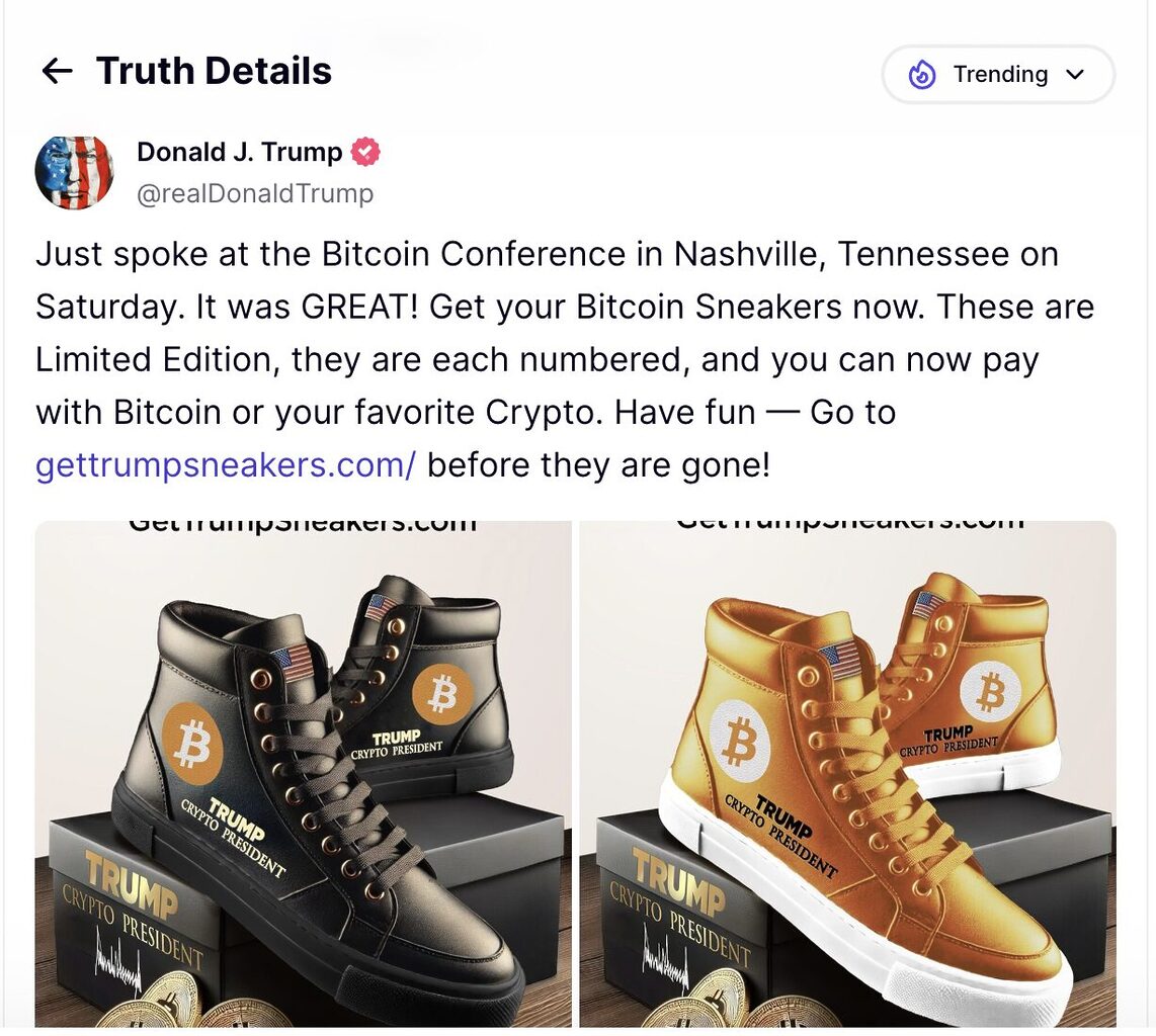 Screenshot of Donald Trump’s social media post about his newly-launched Bitcoin sneakers.