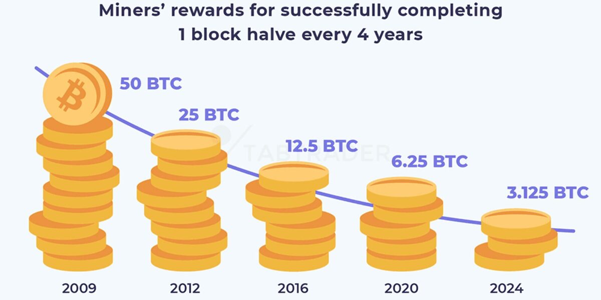 A visualisation of how much Bitcoin is rewarded to Bitcoin miners. In 2009, the amount was 50, then 25 in 2012, 12.5 in 2016, 6.25 in 202, and 3.125 in 2024.