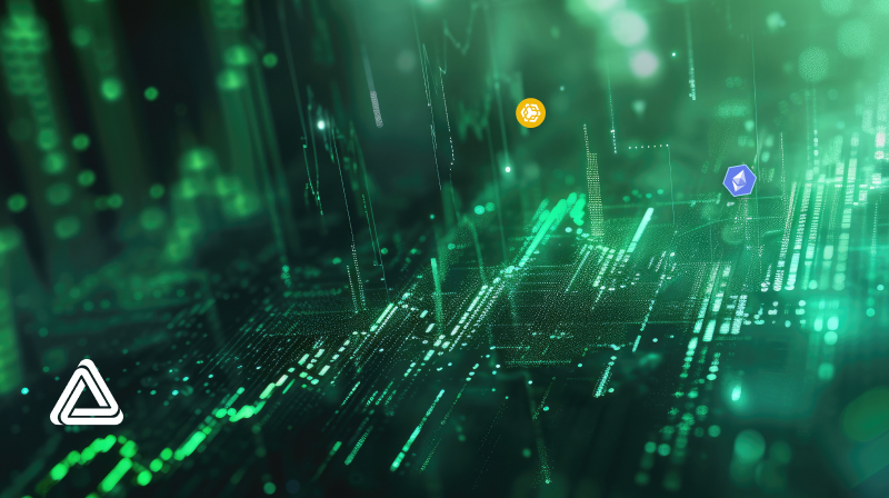 Crypto tokens floating in data.