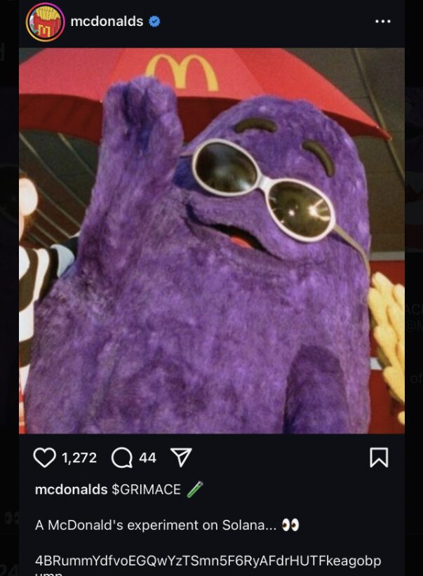 Image showing the fraudulent GRIMACE promotions posted to McDonald’s Instagram account following the hack.