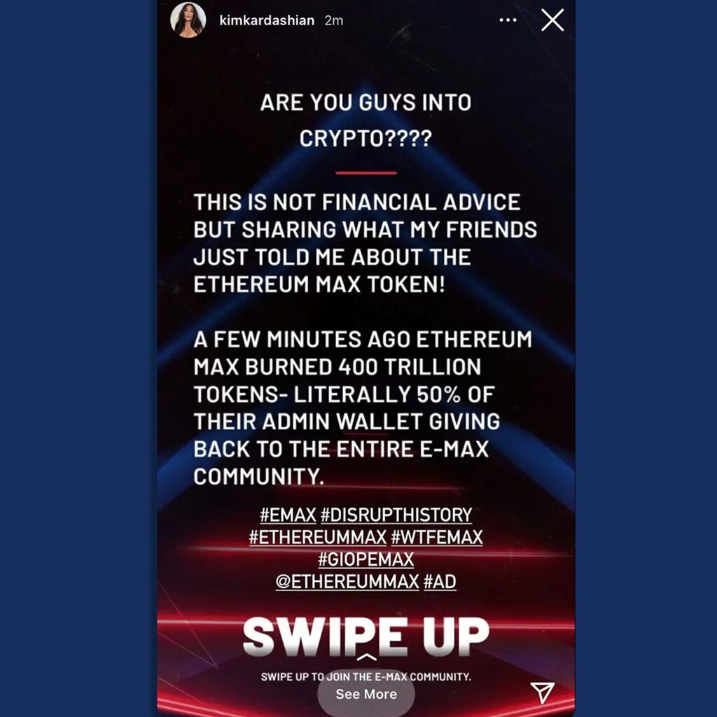 Kim Kardashian Instagram story advertising Ethereum Max. At the bottom are the hashtags #DISRUPTHISTORY and #AD.