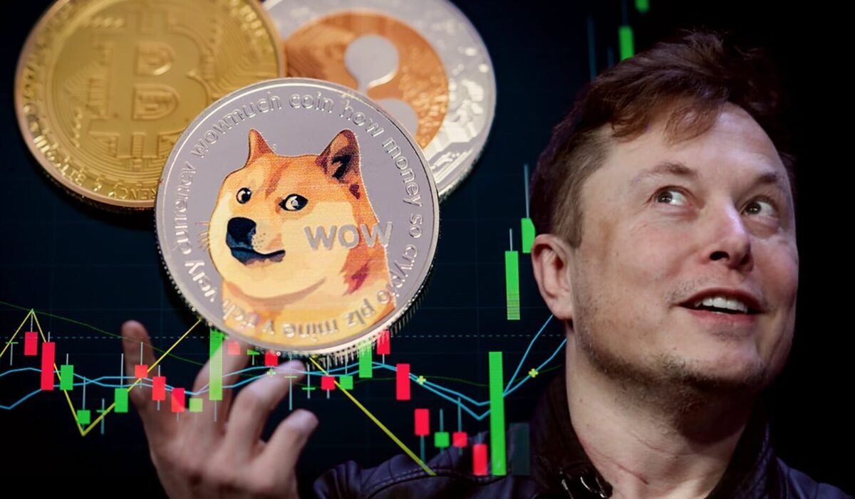 Elon Musk with a hopeful look on his face holding up a Dogecoin. In the background are price fluctuations going up and down.