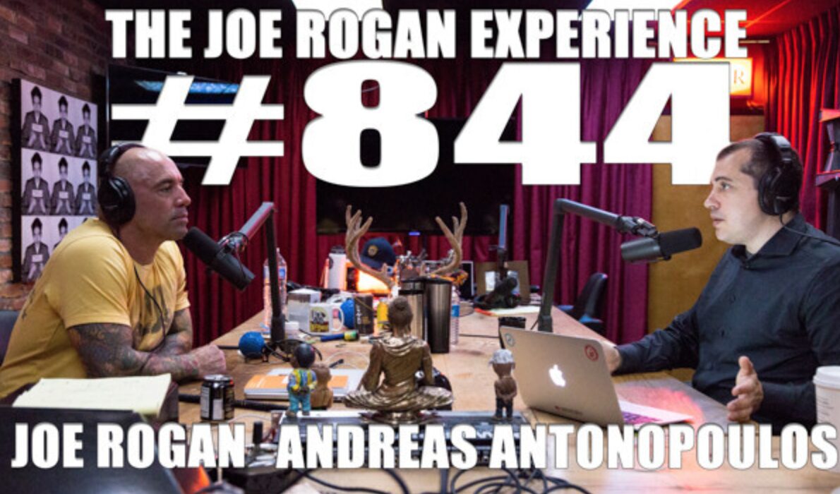 Thumbnail of The Joe Rogan Experience Episode 844 showing Joe Rogan and Andreas Antonopoulos sitting across a desk from one another in Joe's studio.