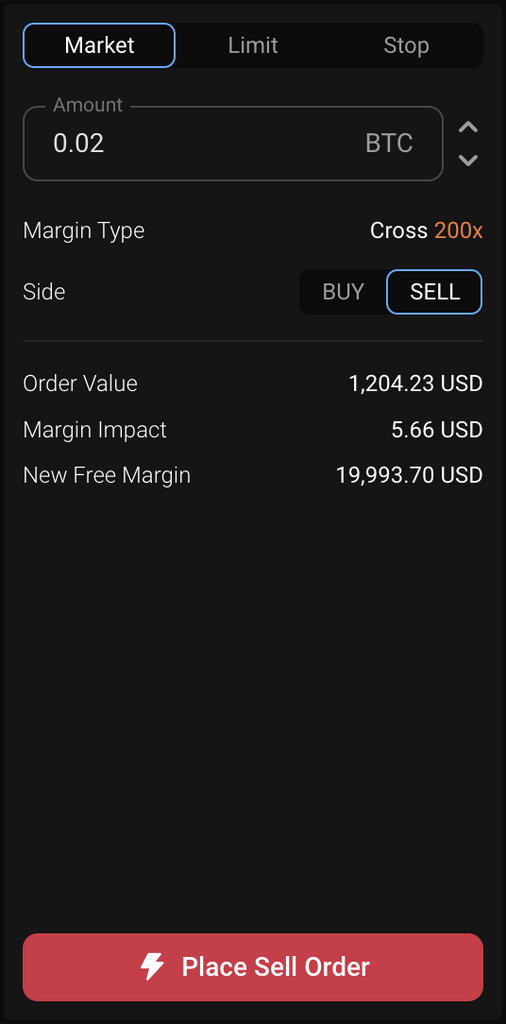 PrimeXBT sell order.