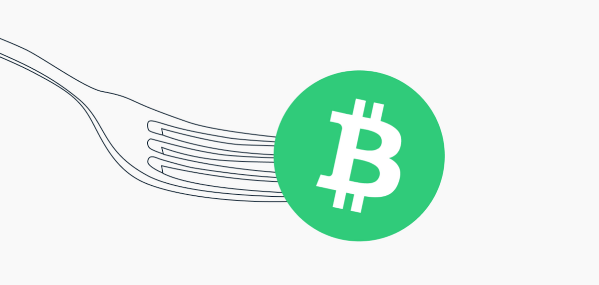 White fork with a green Bitcoin Cash symbol on the end.