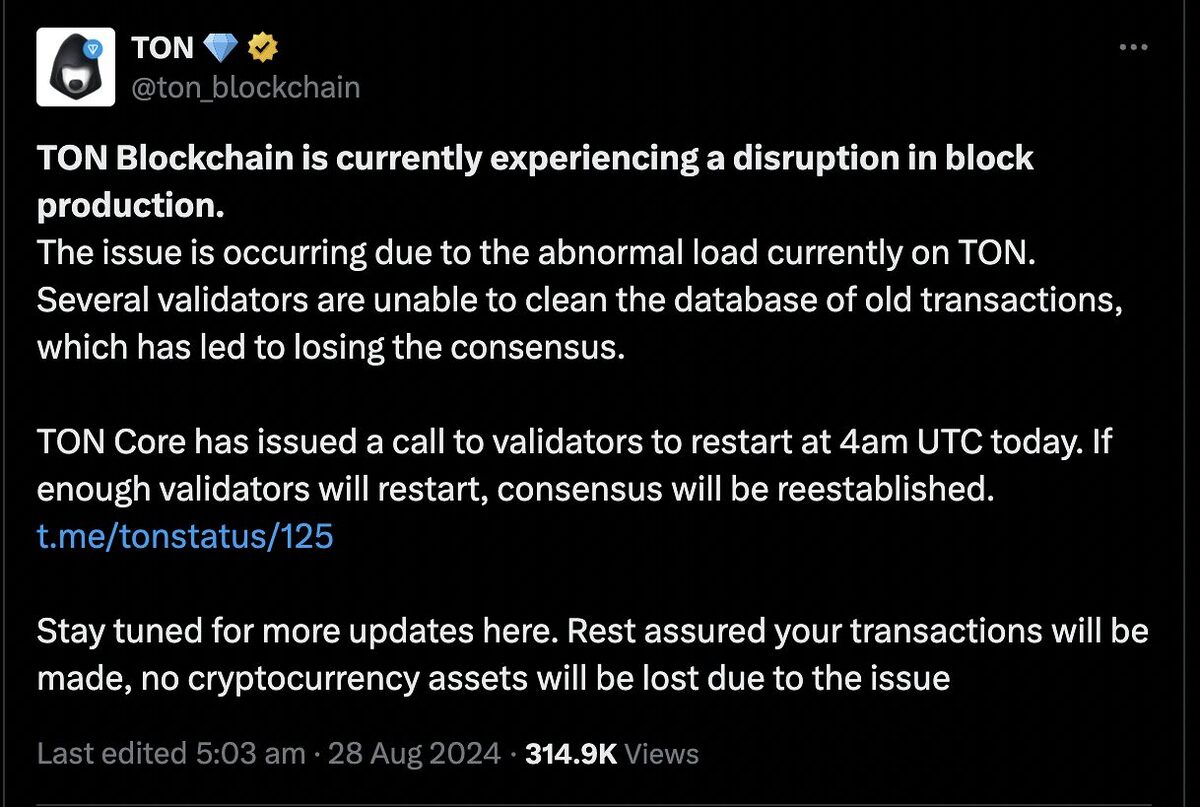 The official confirmation of the network outage by TON.